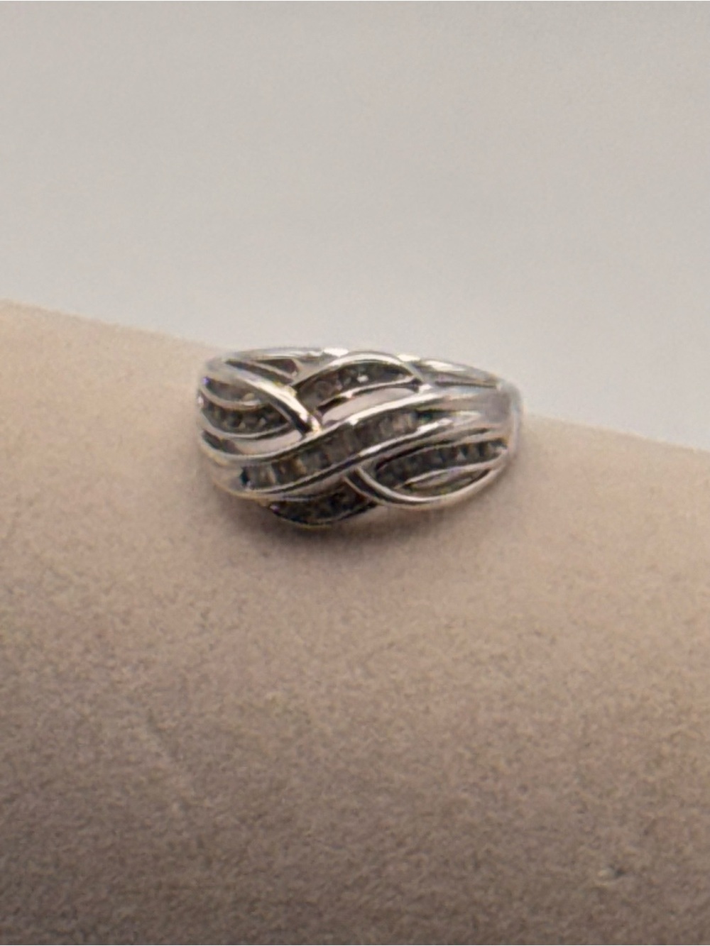 NIS 925 Sterling Silver Diamond Tested Crossover Ring Baguette Round 4g S 5.75